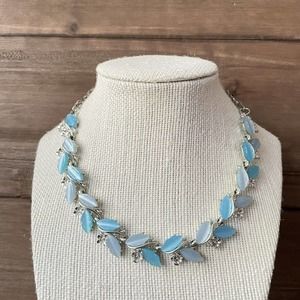 Vintage Thermoset Blue Floral Necklace - Silver Tone - 15” Adjustable